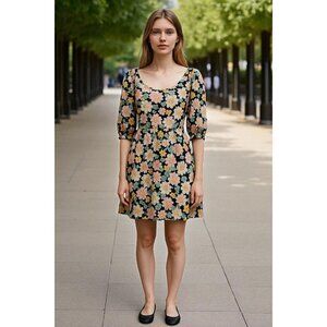 Velvet Torch Black & Pink Floral Puff Sleeve Mini Dress Large